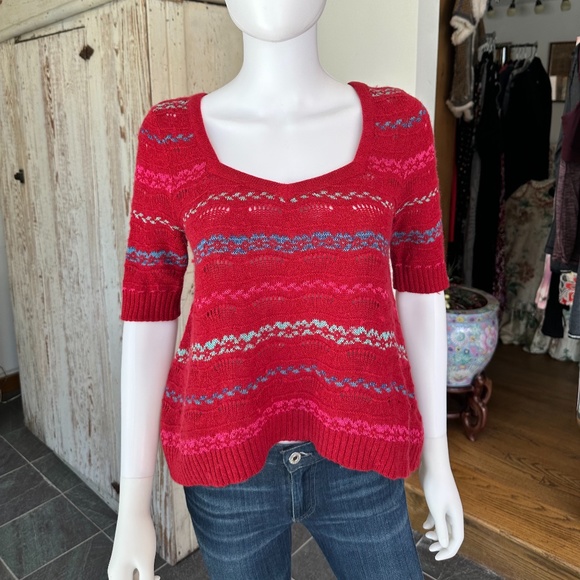 FREE PEOPLE RED POINTELLE OPEN BACK SWEATER - Picture 1 of 9